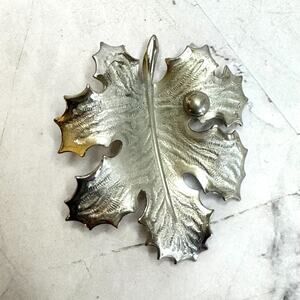Vintage Giovanni Brooch Silver Toned Leaf Dew Drop Signed 2" Pin Fall Autumn